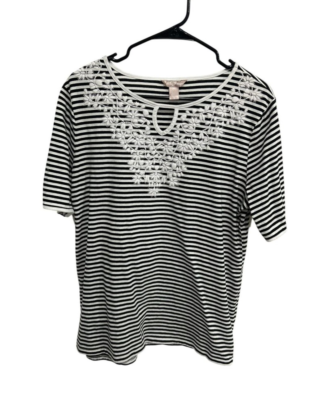 White Stag XL Black White Striped Floral Top Cotton Soft Retro Gardencore